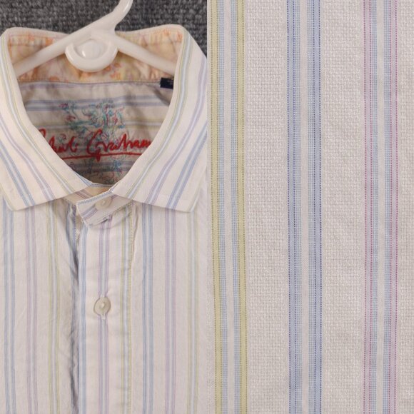 Robert Graham Blue Yellow Pastel Striped Medium Long Sleeve Button Up Embroidery - Picture 1 of 16